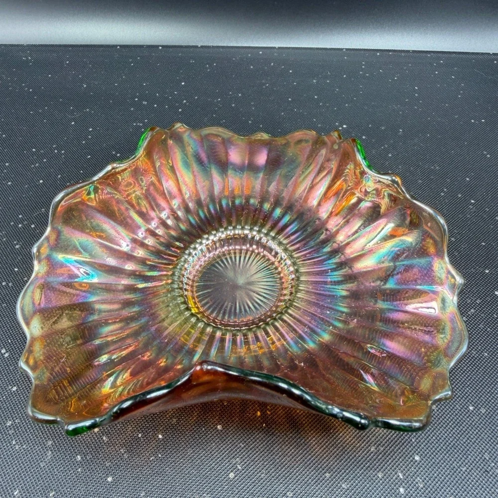 Vintage Carnival Glass Bowl Tri Corner Ruffled‎ Fluted Marigold Iridescent Green